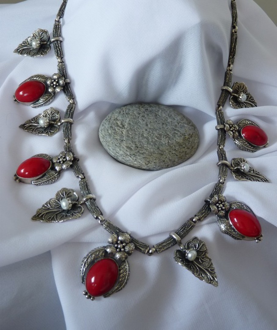 Designer, one off, sterling silver necklace with pearls and red beads image 5